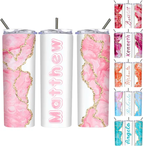 Vista 10 de Vasos delgados personalizados con tapas y pajitas de 20 onzas, diseño de mármol personalizado, vasos de acero inoxidable delgados con nombre