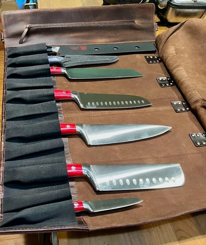 Vista 6 de Bolsa de almacenamiento de rollo de cuchillo de cuero con bolsa enrollable para herramientas, rollo de estuche para cuchillos de chef para viajes