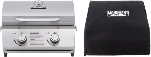 Vista 13 de Monument Grills Parrilla de gas propano de mesa para acampar al aire libre portátil cocinar con cerraduras de viaje, tapa alta de acero inoxidable