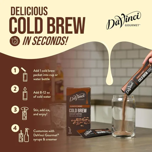 Vista 4 de DaVinci Gourmet Slightly Sweet Cold Brew Stick Pack, café instantáneo en polvo, 6 unidades (paquete de 1)