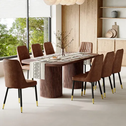 Vista 12 de Mesa de comedor extra larga de 78.7 pulgadas para 6-10 personas, mesa de cocina moderna con bases estriadas, mesa de comedor rectangular de granja