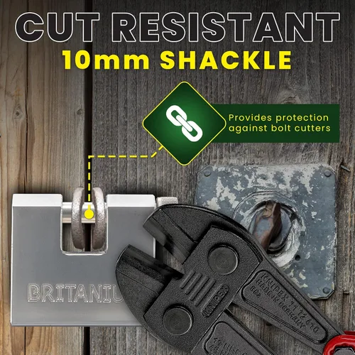 Vista 4 de Britanium® BRX66 Candado de contenedor de alta resistencia con 5 llaves – Eslabones resistentes a cortes de 10 mm, cilindro de latón antitaladro