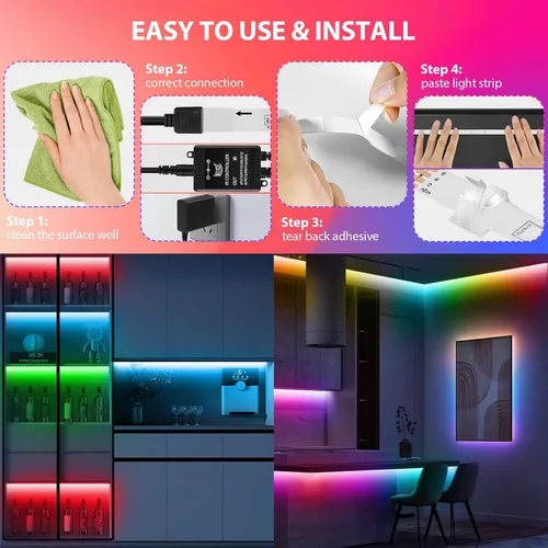 Vista 4 de Tiras de luces LED de 65.6 pies (2 rollos de 32.8 pies), tira de luces RGB que cambia de color 5050 con control remoto IR de 40 teclas, luces