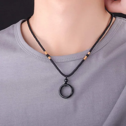 Vista 7 de Hombres Mujeres Negro Ágata Natural Piedra Cristal Anillo Forma Colgante Collar Protección Potente Joyería Accesorios Ajustable, Piedra de ágata