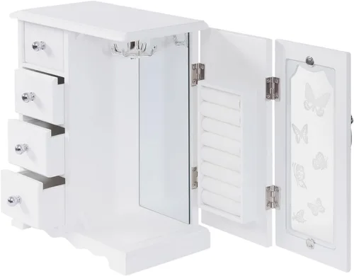 Vista 6 de DNYSYSJ Joyero, organizador de joyas pequeño de madera maciza para mujeres y niñas, con organizador de 4 cajones y carrusel de collar integrado