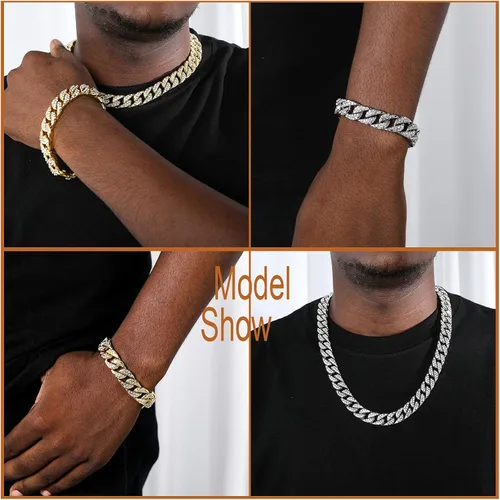 Vista 9 de Saintda Juego de cadena y pulsera de eslabones cubanos para hombres y mujeres, regalo de diamantes brillantes para niños, joyería de rapero hip hop