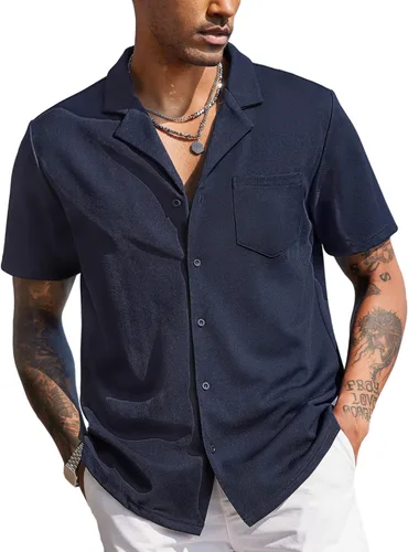 Vista 2 de COOFANDY Camisa de manga corta con botones para hombre, cuello cubano, casual, para campamento y verano