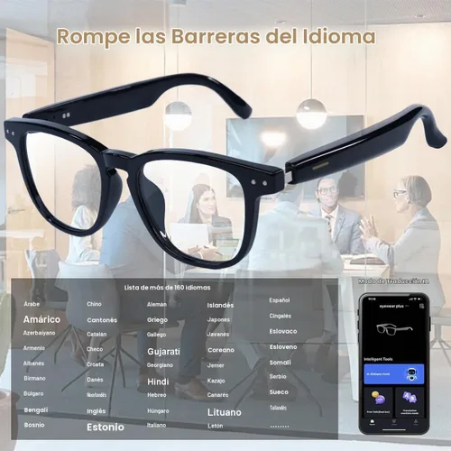 Vista 6 de Lentes inteligentes AI, lentes de traducción Bluetooth anti luz azul con 164 llamadas manos libres y audio, lentes de sol inteligentes