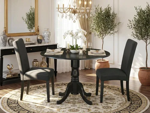 Vista 2 de East West Furniture DLDR3-BLK-24 - Juego de mesa de cocina de 3 piezas contiene una mesa de comedor redonda con gotas y 2 sillas tapizadas de tela