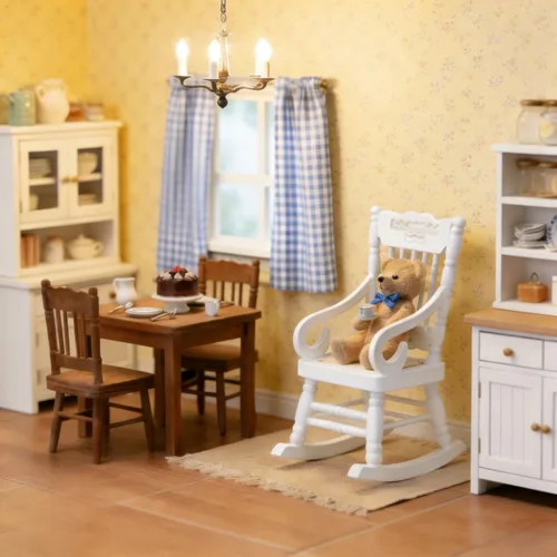 Vista 4 de SOIMISS Mecedora de madera blanca en miniatura, asiento de cuerda de cáñamo, escala 1:12, accesorios para muebles de casa de muñecas, decoración
