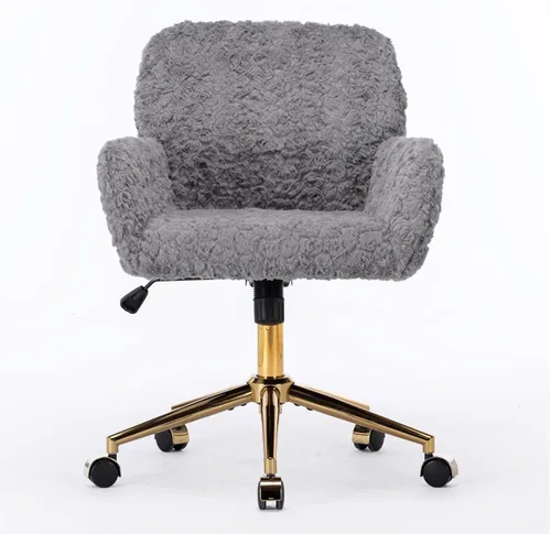 Vista 10 de Silla de escritorio de terciopelo gris con ruedas y base dorada, silla de oficina moderna giratoria cómoda, silla de tocador, silla de tarea, silla
