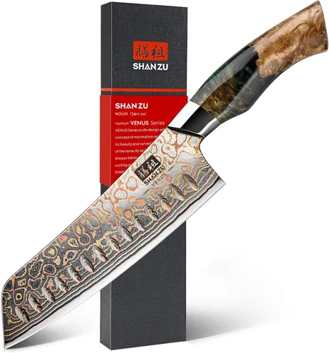 Vista 10 de Juego de cuchillos de cocina de Damasco SHAN ZU, cuchillos de cocina japoneses de cobre y acero de Damasco, cuchillo utilitario forjado a mano