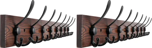 Vista 13 de Kuhome Perchero de madera para colgar sombreros de pared, tablón de madera real de pino de 16.9 pulgadas, color marrón, con 5 ganchos triples