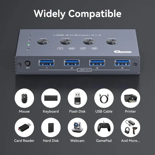 Vista 5 de Selector de interruptor USB 3.0 4 computadoras comparten 4 puertos USB A para ratón, teclado, impresora, escáner con control remoto inalámbrico