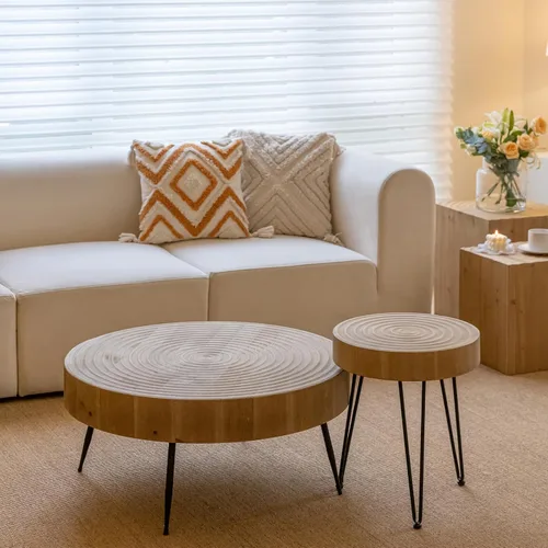 Vista 8 de Juego de mesa de centro estilo granja de 2 piezas, redonda con patrón radial de madera artesanal, juego de mesa de café moderna para sala de estar
