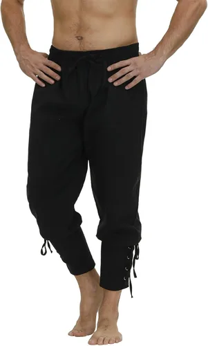 Vista 2 de Kranchungel Pantalones renacentistas disfraz de pirata pantalones vikingos medievales con bandas de tobillo para hombre, disfraces de Halloween