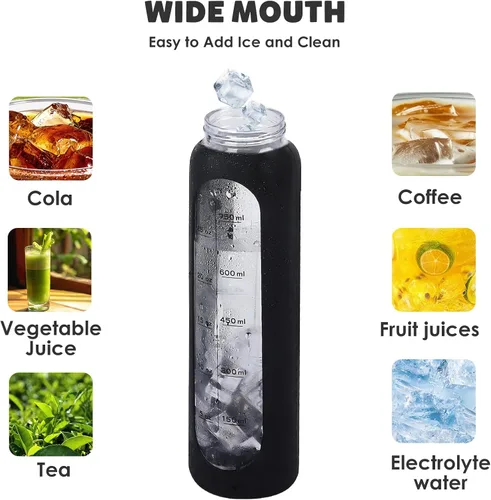 Vista 4 de Botellas de agua de vidrio de 32 onzas con funda de silicona, botellas de hidratación reutilizables de borosilicato de boca ancha, botella de agua