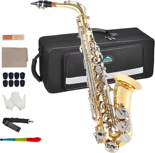 Vista 11 de EASTROCK Saxofón Alto Negro/Dorado Mi Bemol Kit Completo para Estudiantes Principiantes con Estuche de Transporte, Boquilla, Almohadillas Cojín