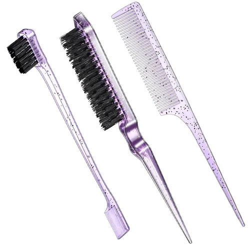 Vista 20 de Geiserailie Juego de 3 cepillos para cabello peinado hacia atrás, cepillo de cerdas, control de bordes, peine para desenredar para cabello negro