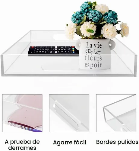 Vista 7 de Bandeja de acrílico para servir (12 x 12 x 2 pulgadas) con asas, a prueba de derrames, bandeja decorativa transparente para aperitivos, desayuno