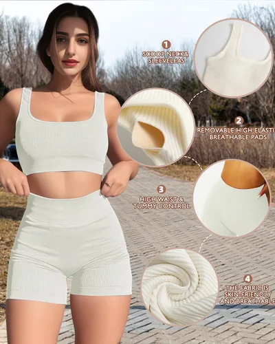 Vista 4 de AURUZA Conjunto de traje de entrenamiento para mujer, 2 piezas, leggings de cintura alta acanalados sin costuras con brasier deportivo, conjuntos