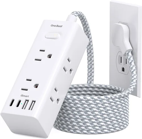 Vista 13 de One Beat Cable de extensión corto de 1 pie, regleta de alimentación de enchufe plano, protector de sobretensiones – 6 salidas amplias con 4 puertos
