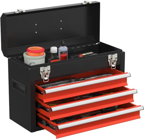 Vista 9 de Caja de herramientas portátil de metal con cajones, caja de herramientas con cierres y forros EVC, cofre de herramientas resistente