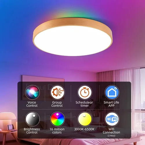 Vista 3 de Lámpara de techo inteligente de montaje empotrado con control remoto, compatible con Alexa/Google Home, regulable RGB cambio de color (2700K-6000K)