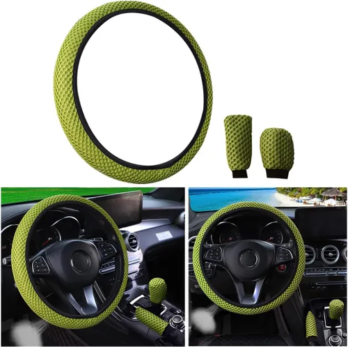 Vista 11 de Bittwee 3 piezas, juego de cubiertas para volante de auto de 15 pulgadas, cubierta para apoyabrazos, cubierta para palanca de cambios, de microfibra