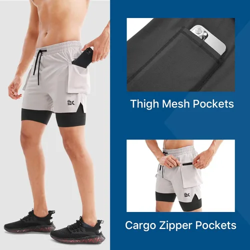 Vista 2 de BROKIG Pantalones cortos deportivos para hombre, con bolsillo en el muslo, pantalones cortos de gimnasio 2 en 1, ligeros, de secado rápido
