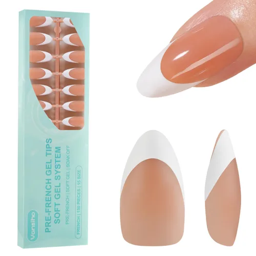 Vista 16 de Vansiho Uñas postizas de gel francés de almendra media, uñas suaves rosadas