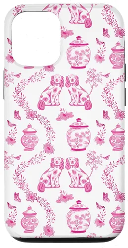 Vista 28 de Preppy - Carcasa para iPhone 16, diseño de perros y tarros de jengibre, color rosa y blanco