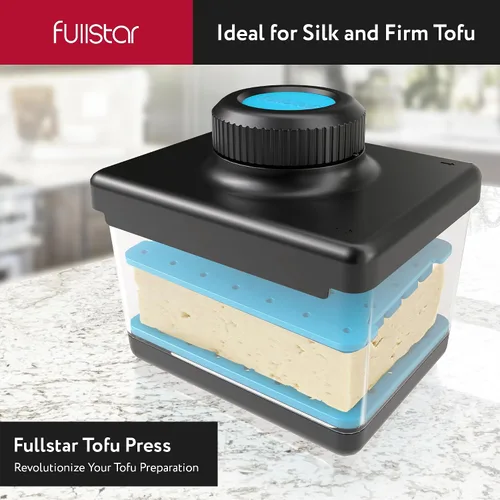 Vista 2 de Fullstar Prensa y cortador de tofu 2 en 1, apto para lavavajillas, sin BPA, caja de prensa para tofu extra firme y sedoso (azul)