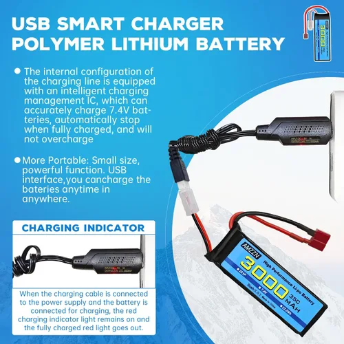 Vista 4 de Batería Lipo de 7.4V 3000mAh 35C 2S T-Plug con cable de carga USB para coche RC, modelo de camión, barco de control remoto, RC Quadcopter Qircraft