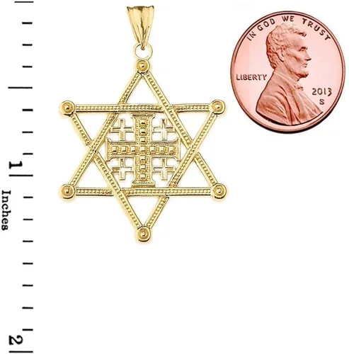 Vista 2 de Joyería religiosa Elegante colgante de cruz de Jerusalén con estrella de David de oro amarillo de 10 quilates, Oro amarillo