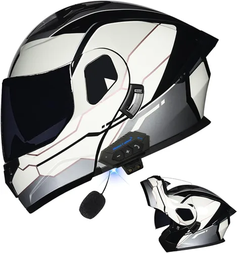 Vista 49 de Casco modular Bluetooth para motocicleta, aprobado por DOT, de cara completa, abatible, antivaho, doble visera, casco de motocicleta de calle, LENTE