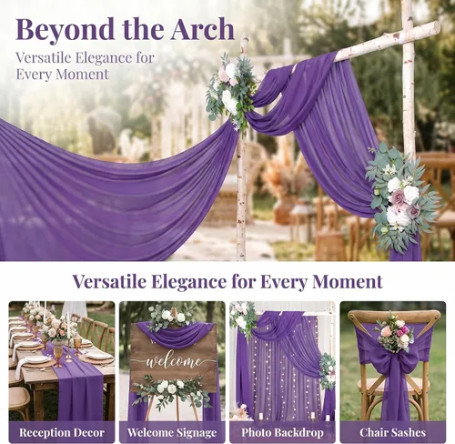 Vista 6 de Pardecor Tela de gasa para arco de boda, 2 paneles de 6 yardas, ceremonia morada al aire libre, 29 x 18 pies de largo, cortina de tul para arco