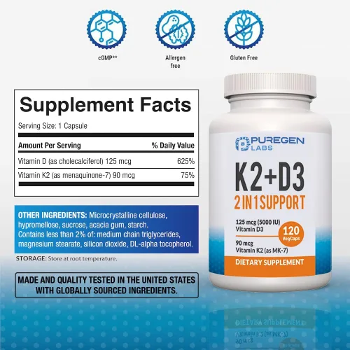 Vista 2 de Fórmula 2 en 1 de alta potencia 90mcg de vitamina K2 (MK7) y 5000 UI Suplemento de vitamina D3 I Fórmula sin OMG, fácil de tragar vitamina D