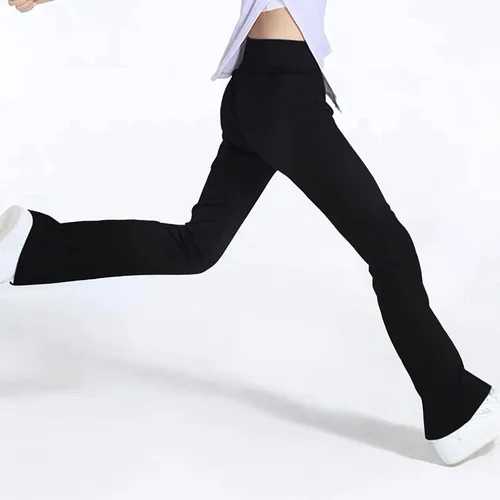 Vista 2 de Leggings para niñas, pantalones acampanados cruzados con bolsillos, color negro, suaves, elásticos, de cintura alta, para niños, yoga, danza