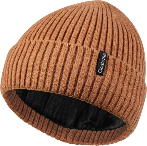 Vista 12 de Ocatoma Gorro para hombre y mujer, cálido gorro de invierno tejido con puños, suave y cálido, gorro de esquí unisex Camello gris