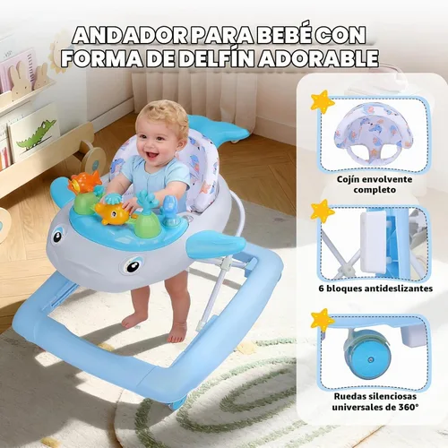 Vista 2 de Andador de bebé con ruedas, música y luces plegable Baby Walker Azul