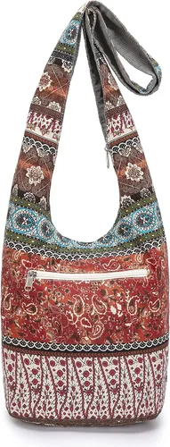 Vista 13 de Bolsa de hombro para mujer, de lona en estilo hippie/bohemio para llevar cruzada al hombro, disponible en diferentes colores y estampados