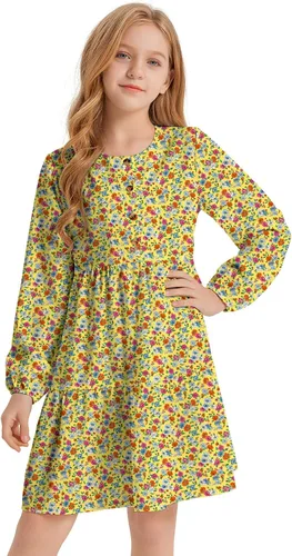 Vista 3 de Quedoris Vestido casual para niñas, estampado y color sólido, manga de farol, suelto, con vuelo, con botón