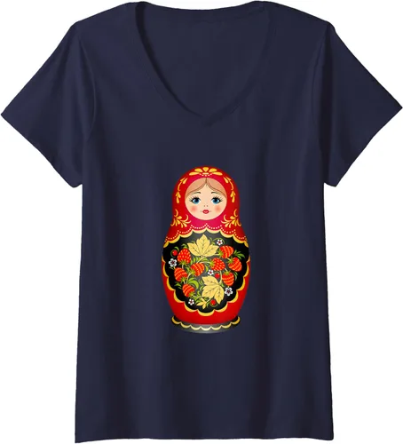 Vista 3 de Hermosa camiseta de Matryoshka Russian Strawberry Nesting Doll con cuello en V para mujer, Negro, S