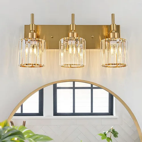 Vista 8 de Lámparas de baño doradas, 2 lámparas de tocador de cristal para baño, luces modernas de latón sobre espejo