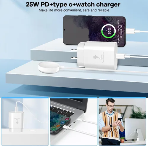 Vista 5 de Cargador USB C de 25 W, cargador de reloj 2 en 1 compatible con Samsung Galaxy Watch 7/6/6 Classic/5 Pro/5/4/3/Active2/1 y Galaxy S24 Blanco