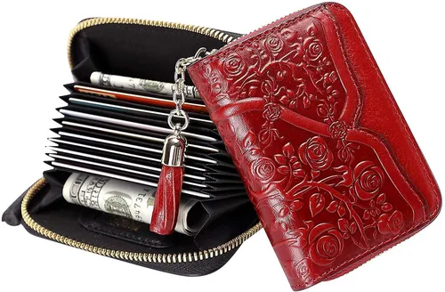 Vista 5 de PIJUSHI Bolsos de diseñador para mujer monederos florales con asa superior bolsos de cuero genuino para tarjetas de crédito para mujer diseño floral
