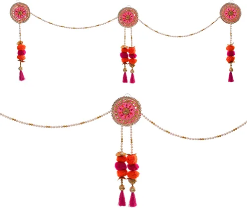 Vista 3 de Toran Bandanwaar Gota - Cuentas de pompón para colgar para el hogar, pared, puerta, templo, festival, boda, fiesta, decoración y regalo (rosa)