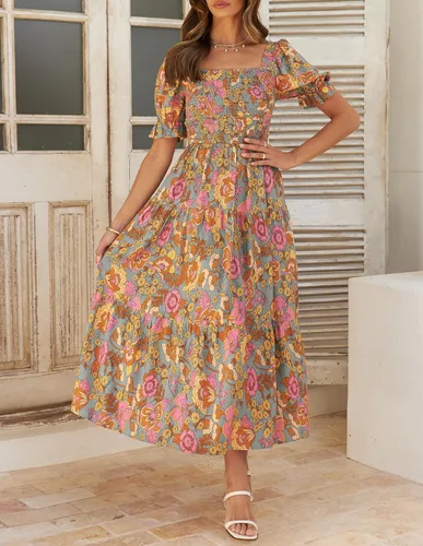 Vista 2 de ZESICA - Vestido de verano largo para mujer, diseño acampanado con cuello cuadrado y volantes, estampado floral y bohemio, para la playa