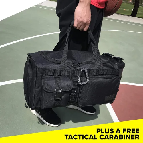 Vista 6 de Fitdom Bolsa de lona táctica negra de 20 pulgadas y 32 L con compartimento para zapatos. La mejor bolsa de entrenamiento para hombres y mujeres. La